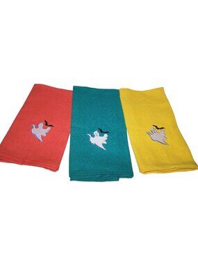 Kitchen Towels  Embroidered set of 3  Ghost 1 Yellow 1 Green  1 Orange 16" x 21"